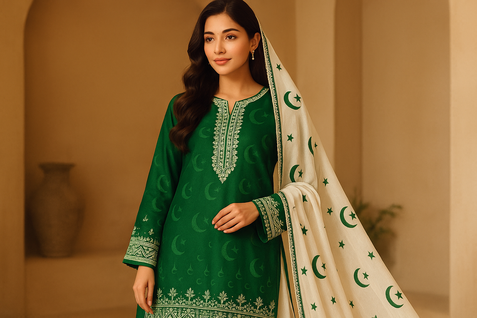 A girl wearing Pakistani flage texture traditional dress